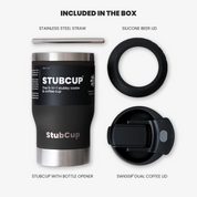StubCup stubby cooler coffee cup drinking beer. Black stainless cup with bottle opener straw silicone beer lid and coffee lid