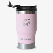 StubCup Pink can cooler drinking cup by Get Rug'd with stainless steel base and black lid