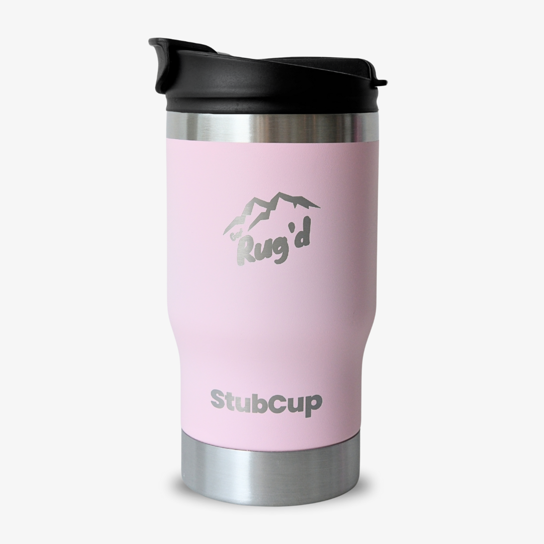 StubCup Pink can cooler drinking cup by Get Rug'd with stainless steel and black lid