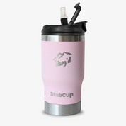 StubCup Pink can cooler drinking cup by Get Rug'd with black lid and stainless steel base