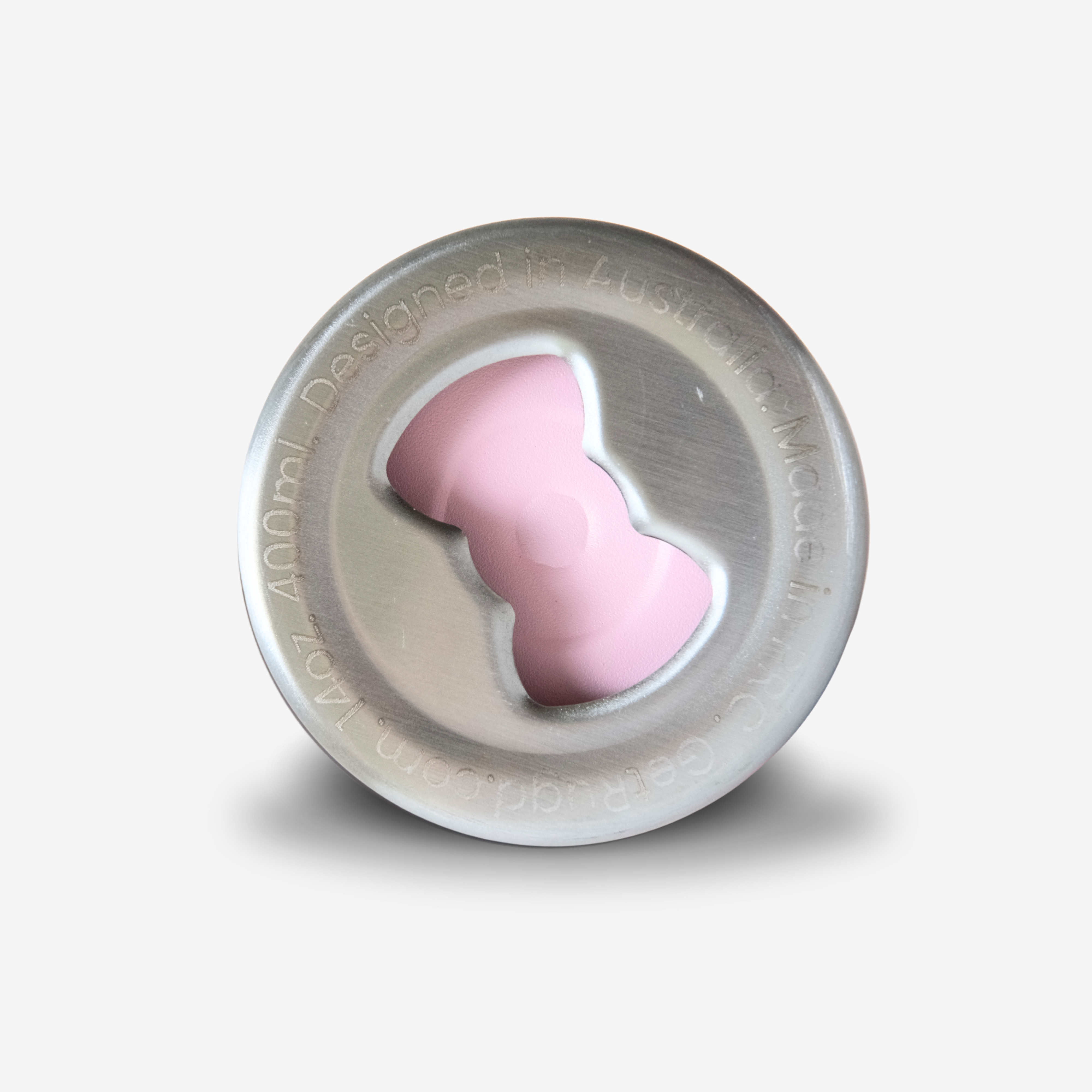 Top view of StubCup Pink can cooler drinking cup with silver metal rim by Get Rug'd