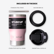 StubCup Pink can cooler drinking cup with stainless steel straw, silicone beer lid, and dual coffee lid accessories