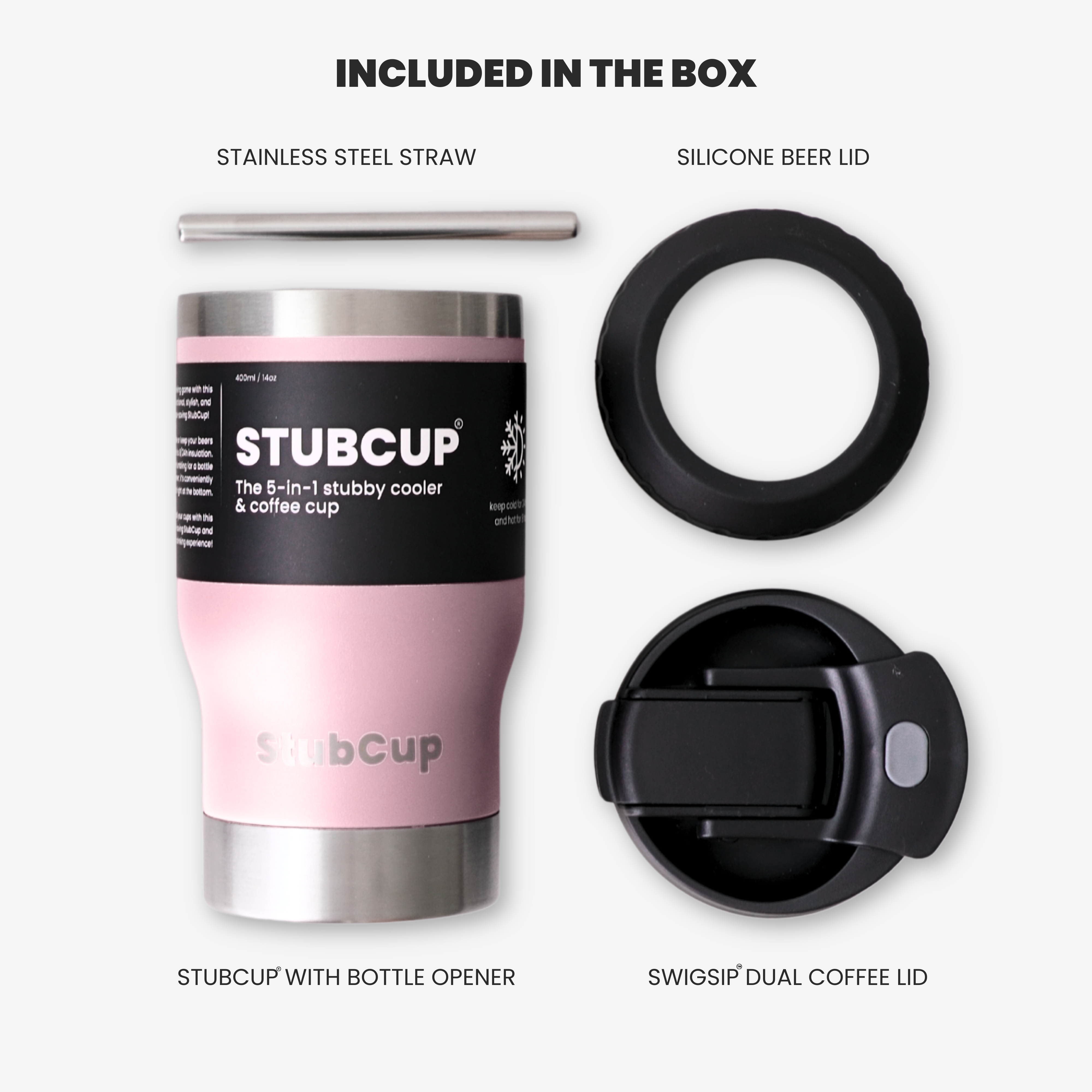 StubCup Pink can cooler drinking cup with stainless steel straw, silicone beer lid, and dual coffee lid accessories