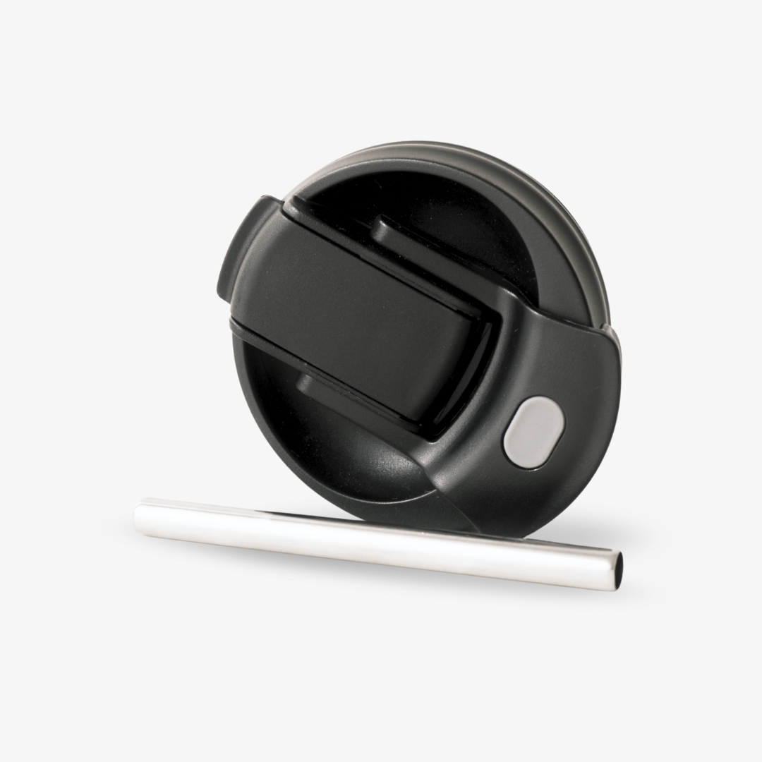 Dual coffee lid replacement stubcup in black with a silver straw, perfect for leak-proof beverage use