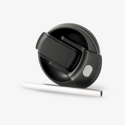 Dual coffee lid replacement stubcup in black with a silver straw, perfect for leak-proof beverage use