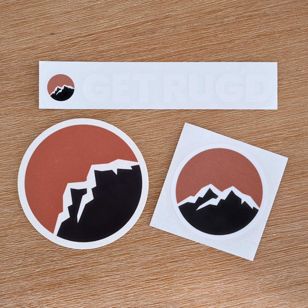 Get Rug'd car decal sticker coaster pack with mountain designs in circular and rectangular shapes