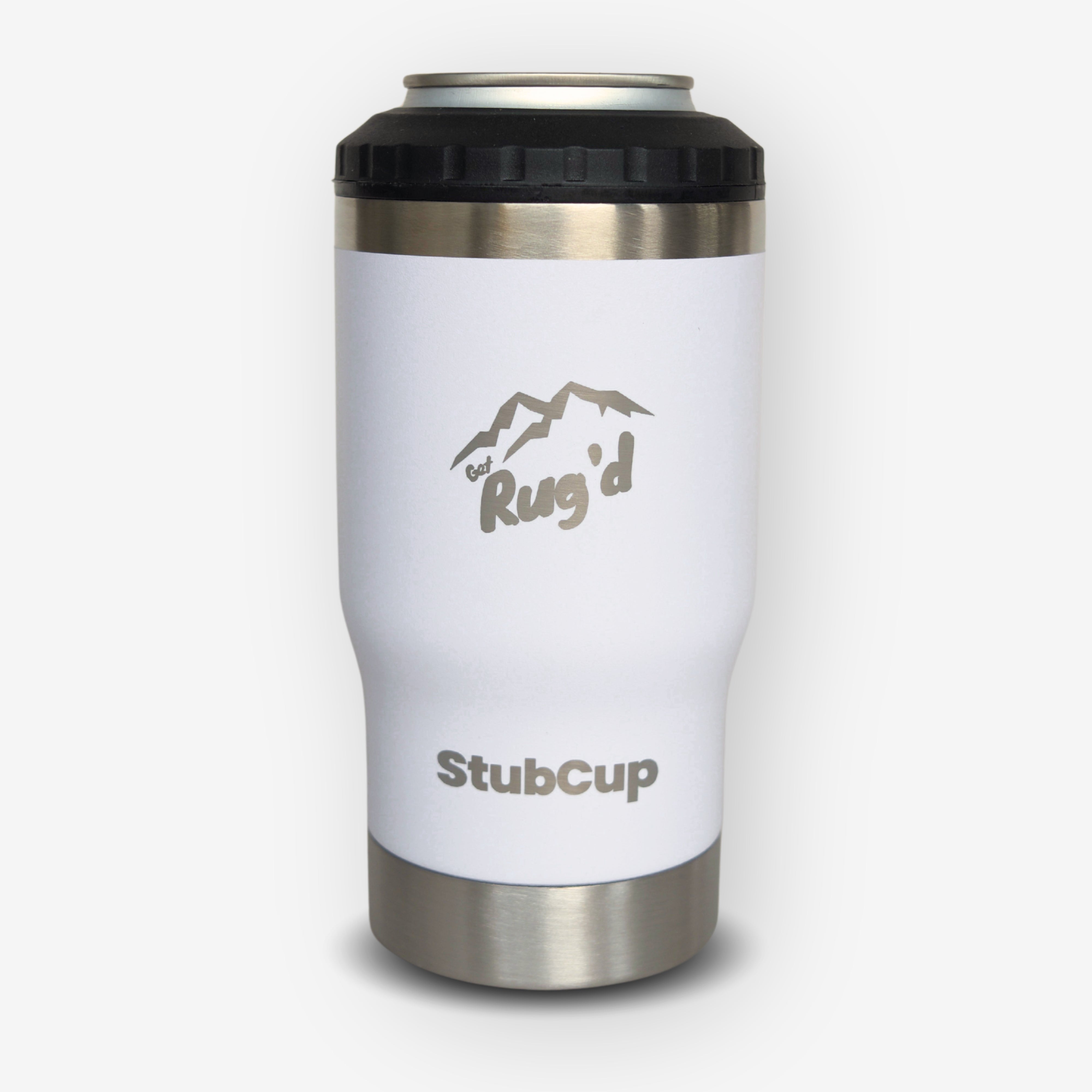 Get Rug'd StubCup Insulated Travel Mug in White with Stainless Steel Base for Hot and Cold Beverages