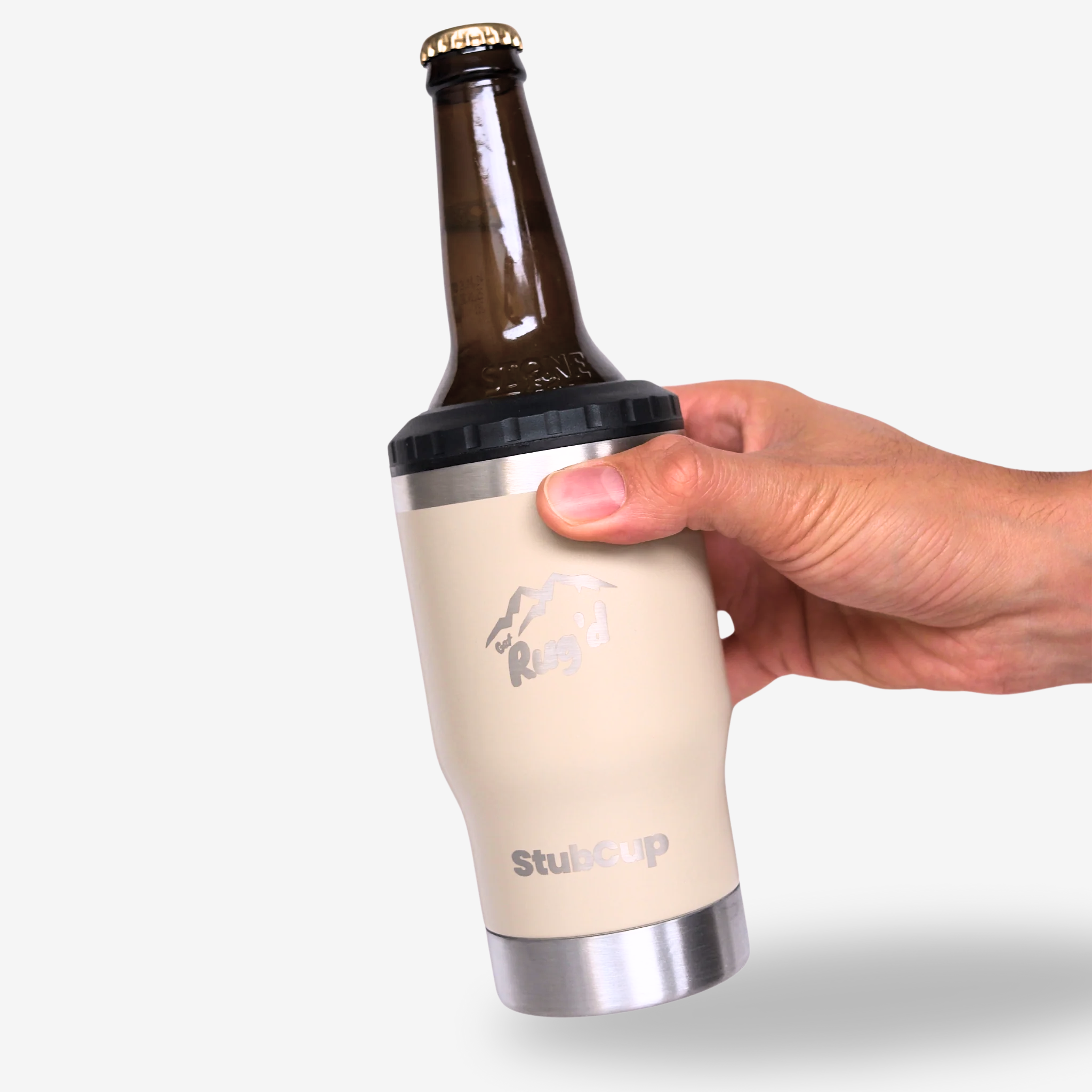 Get Rug'd Insulated Stub Cup with Bottle Holder in Beige for Easy Grip and Drink Preservation