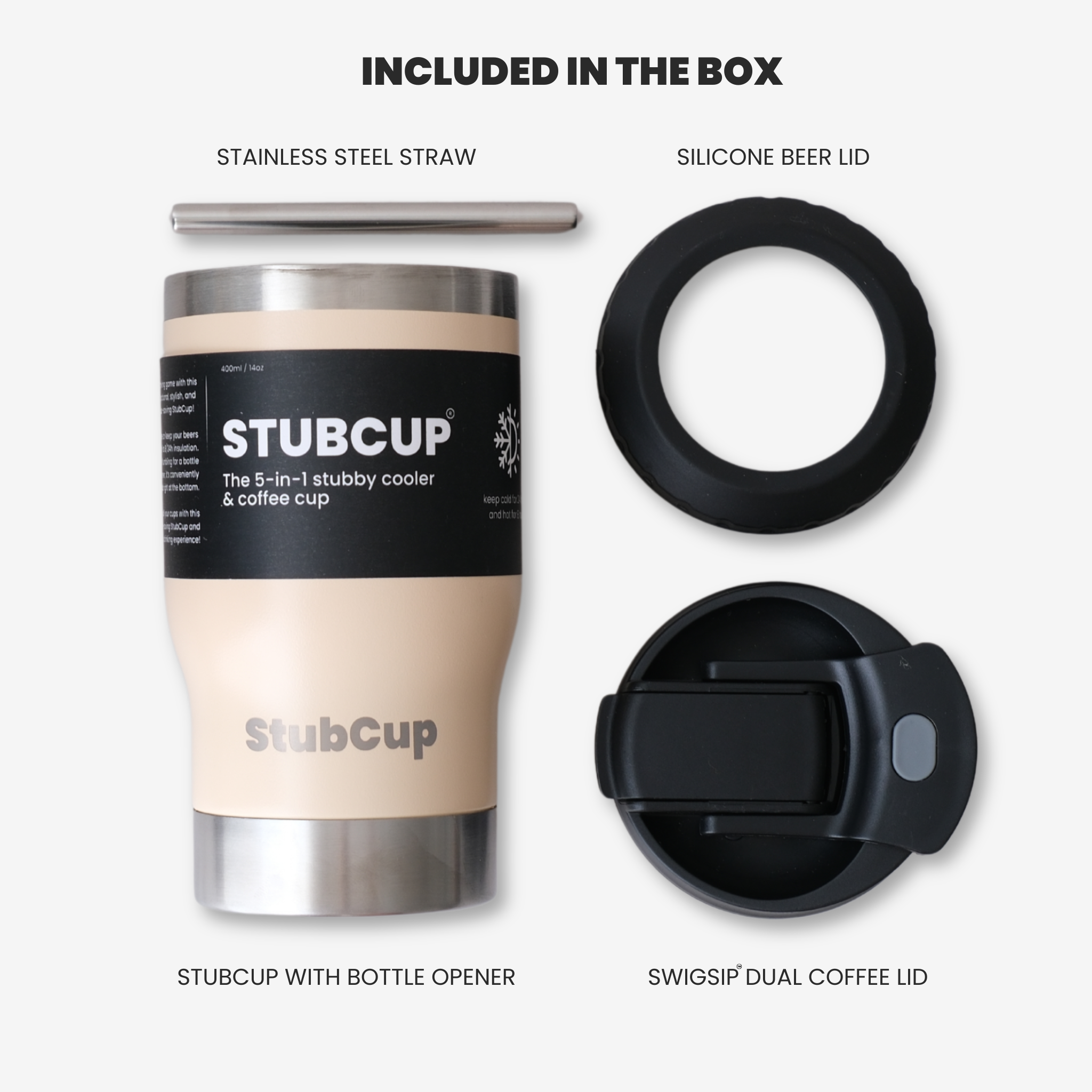 Get Rug'd StubCup with stainless steel straw, silicone beer lid, and dual coffee lid for versatile use