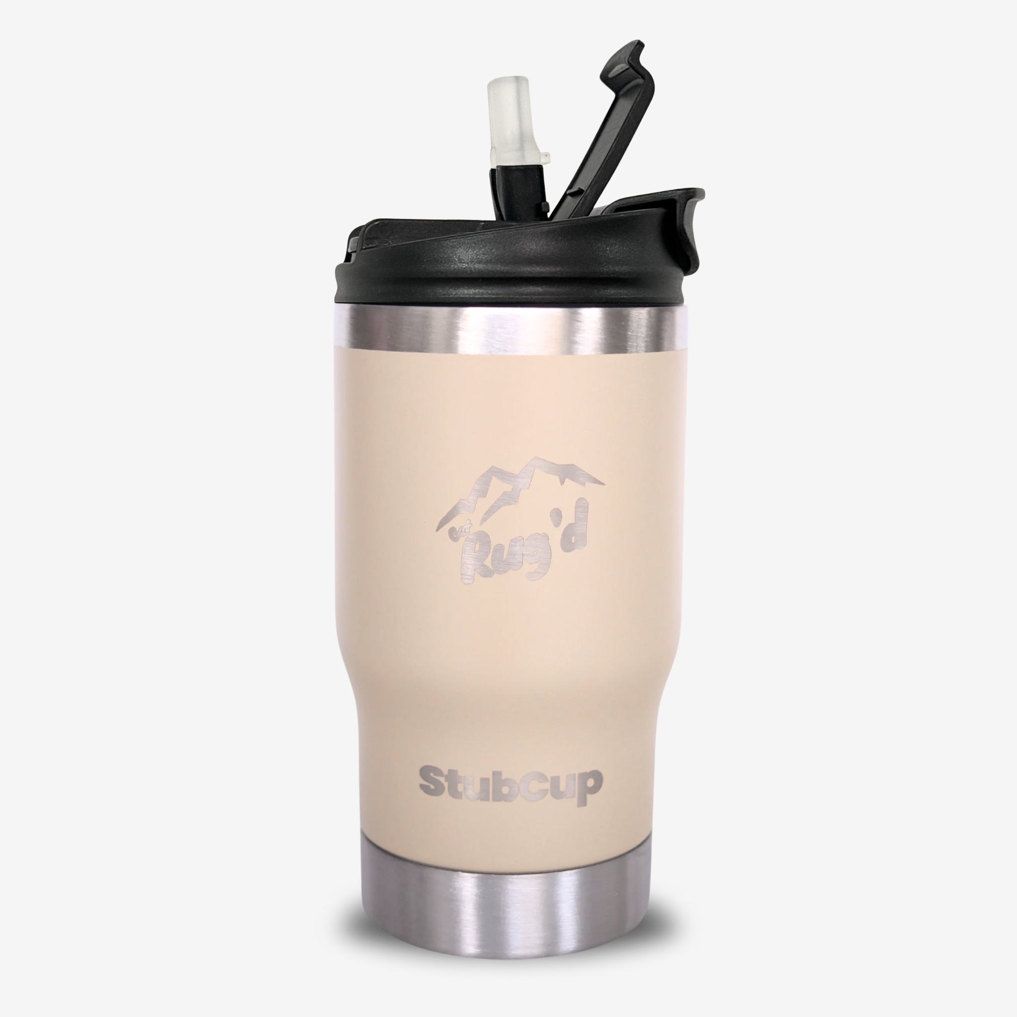 Get Rug'd Stubcup Travel Mug in Light Beige with Spill-Proof Lid and Straw for On-the-Go Use