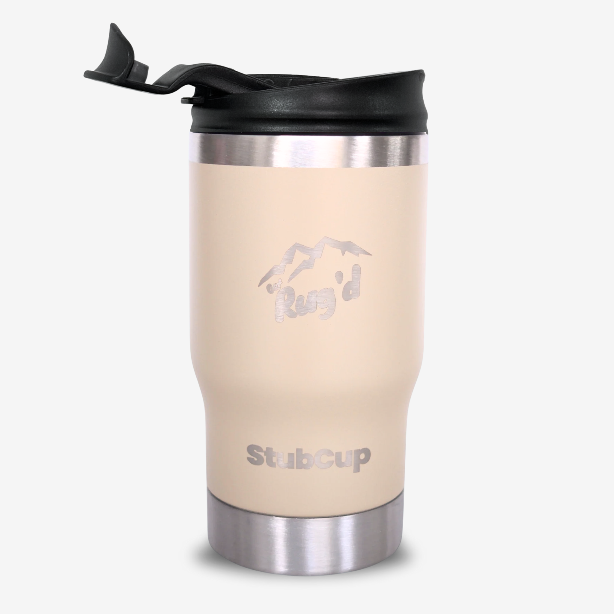 Get Rug'd StubCup in Cream with Stainless Steel Bottom and Leak-Resistant Lid for Travel