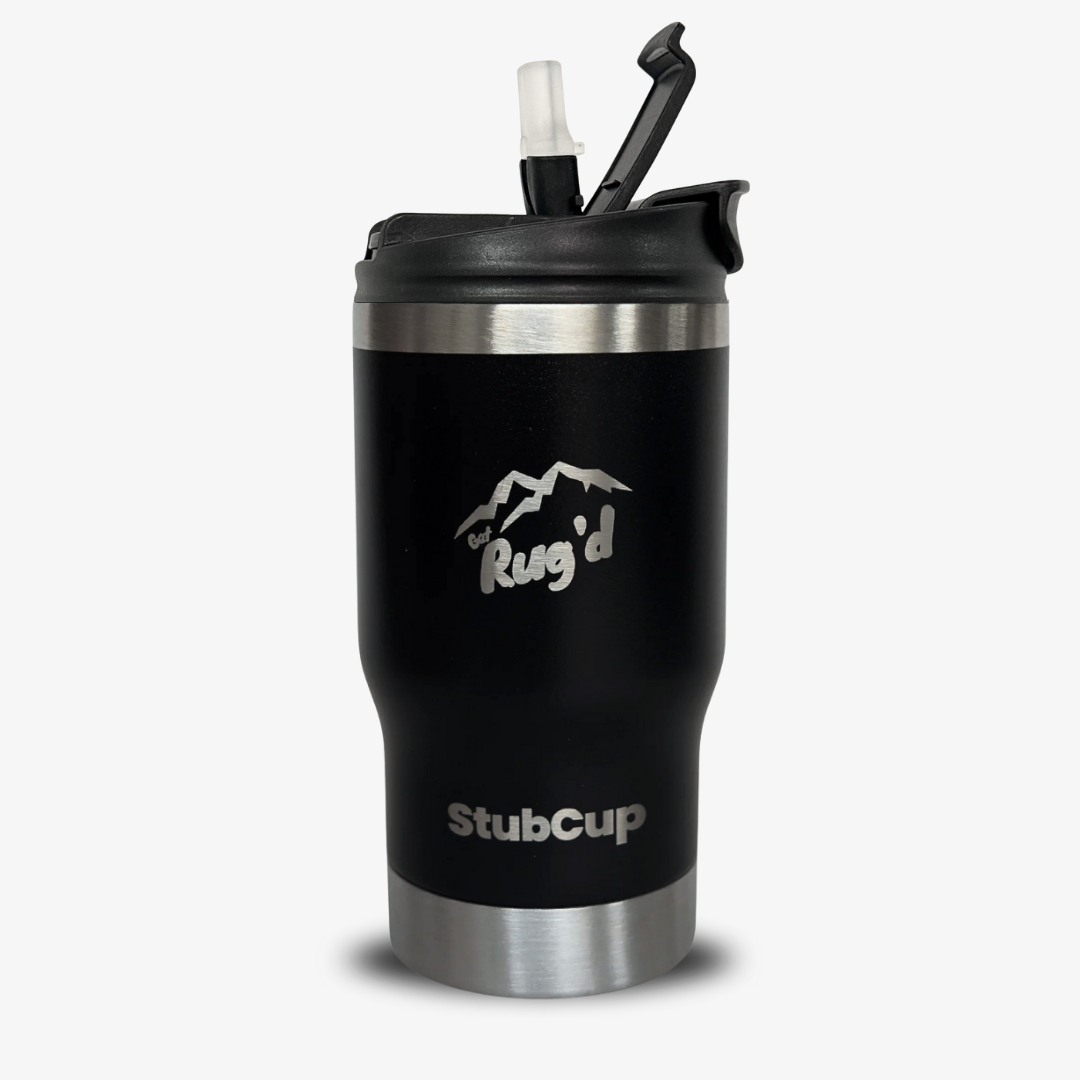 Get Rug'd black stainless steel StubCup stubby cooler coffee cup drinking beer with lid and straw