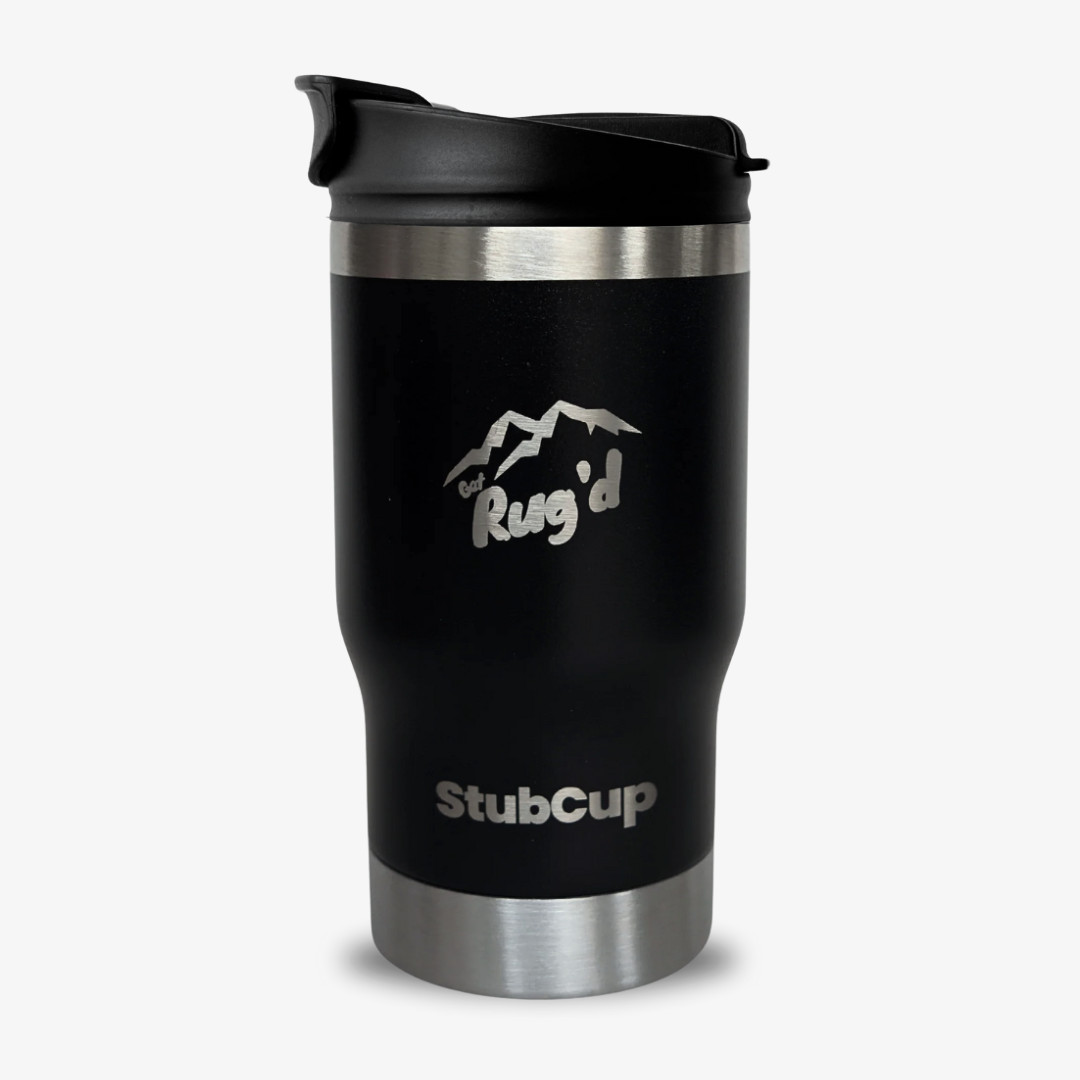 Get Rug'd black stainless steel StubCup stubby cooler coffee cup drinking beer with swigsip dual coffee lid