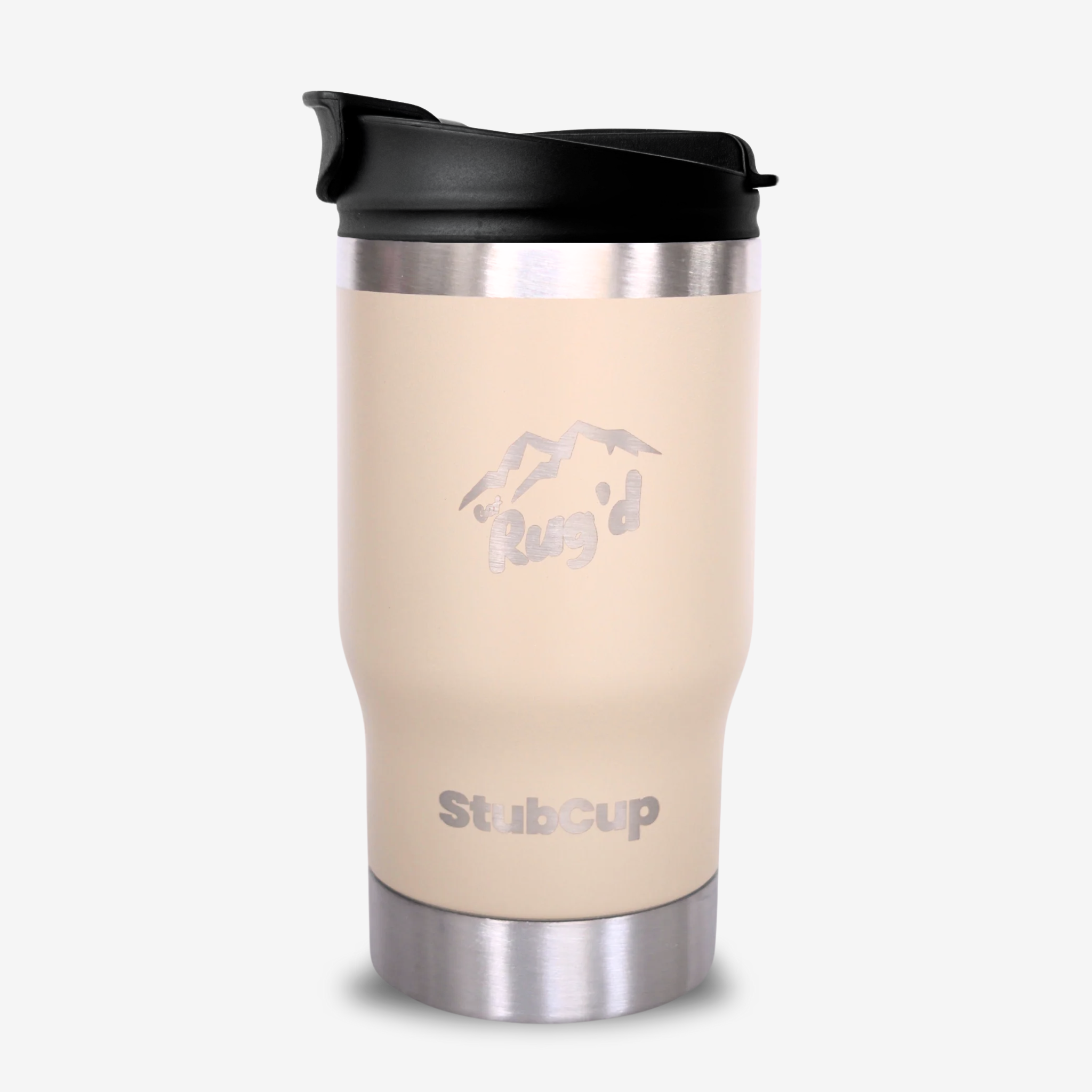 Get Rug'd StubCup Travel Mug in Cream with Stainless Steel Base and Spill-Resistant Lid