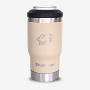 Get Rug'd Stubcup insulated cup in beige with stainless steel base and black lid for outdoor adventures