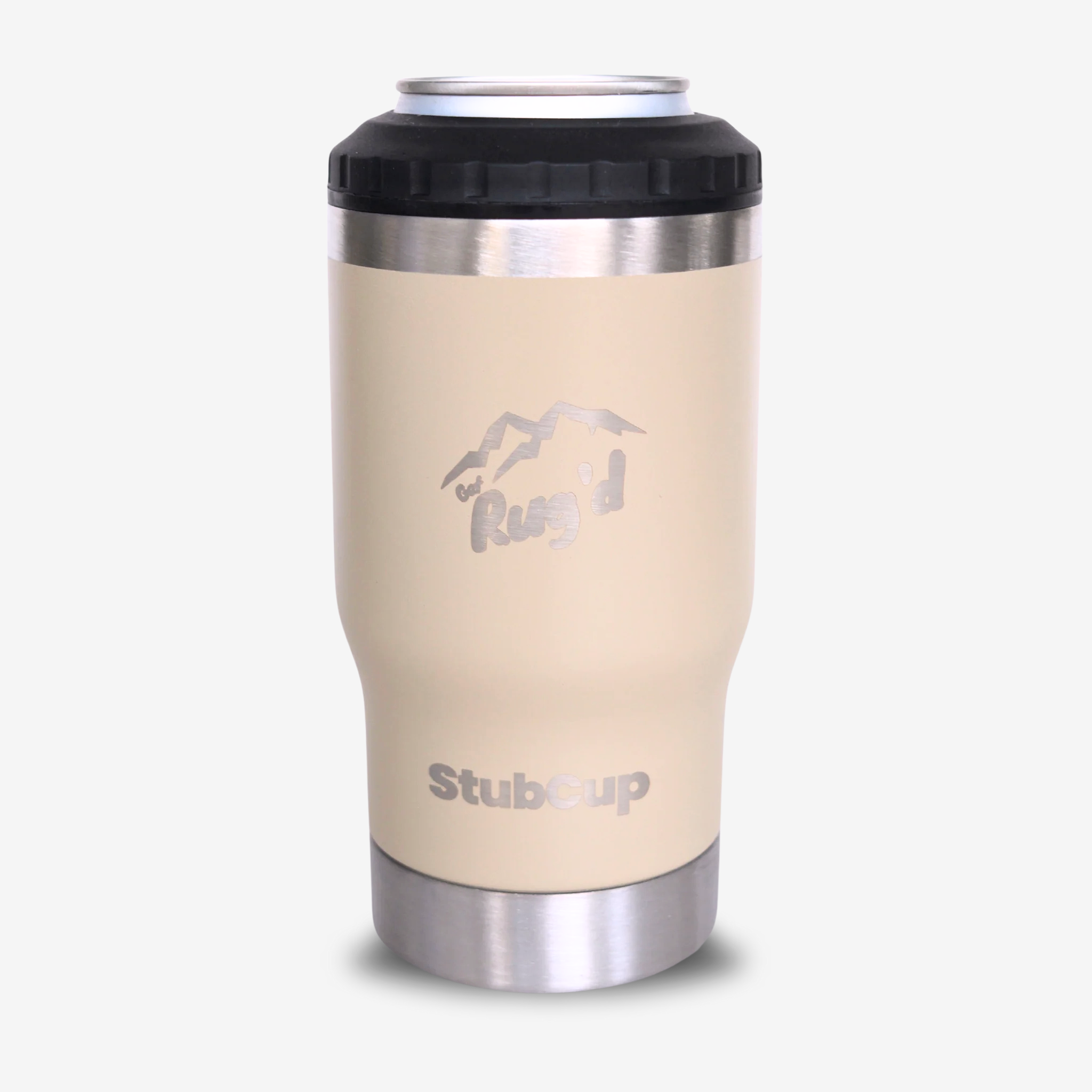 Get Rug'd Stubcup insulated cup in beige with stainless steel base and black lid for outdoor adventures