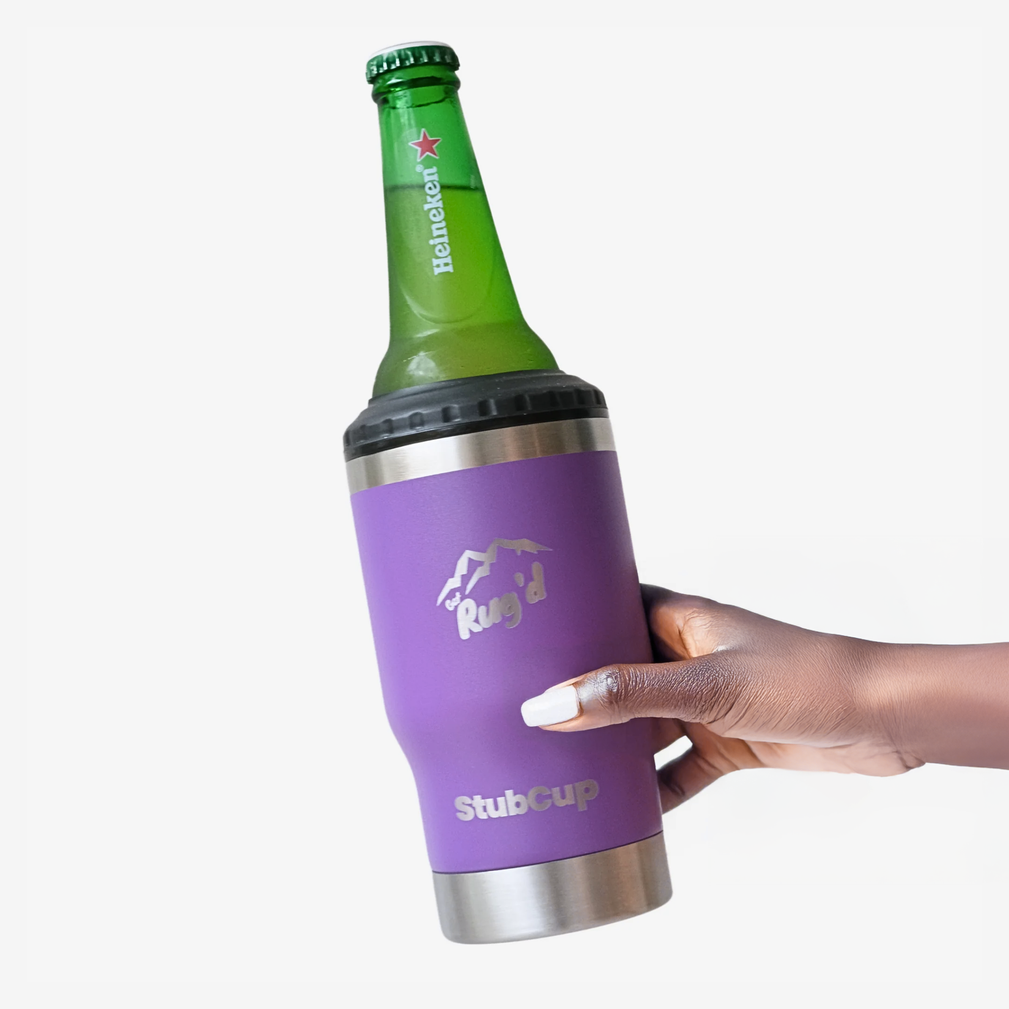 Get Rug'd purple StubCup insulated cup holding a green Heineken bottle with a hand