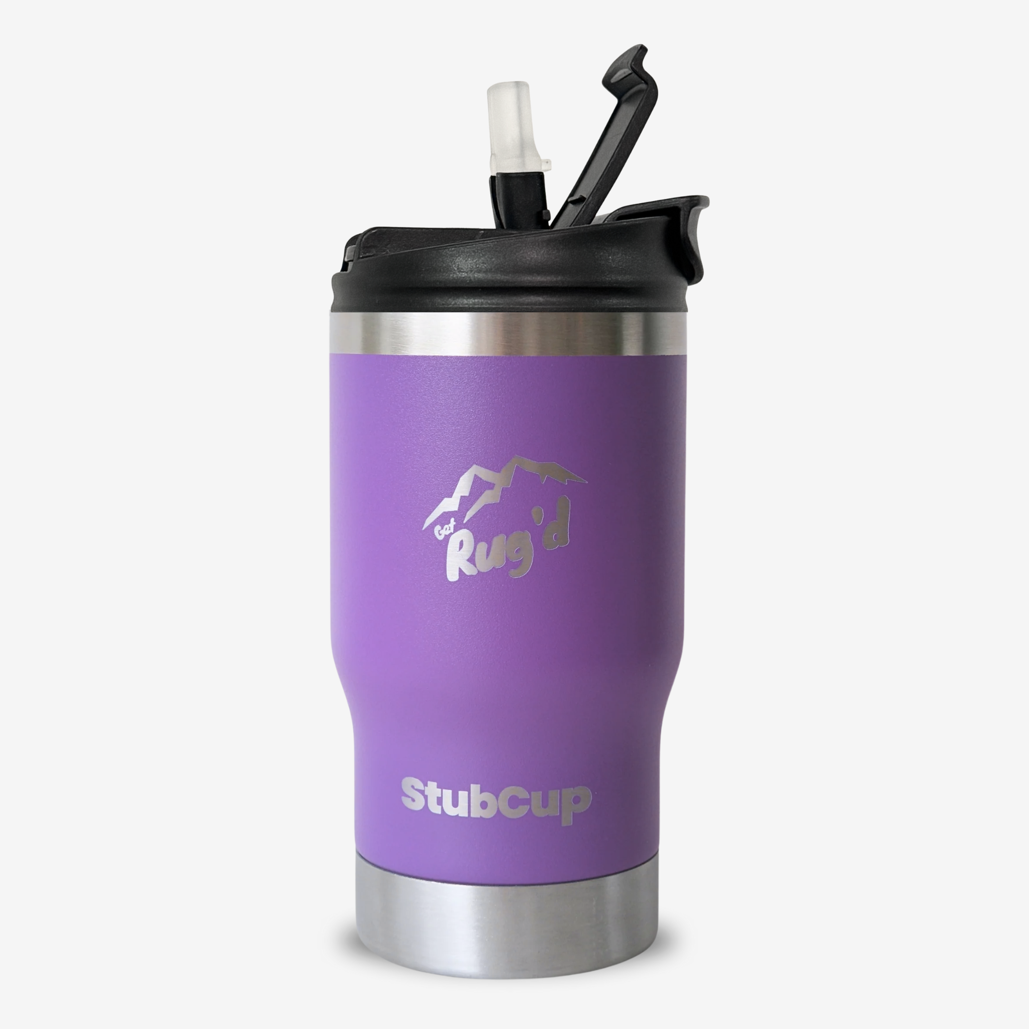 Purple Get Rug'd StubCup insulated travel cup with black lid and flip straw