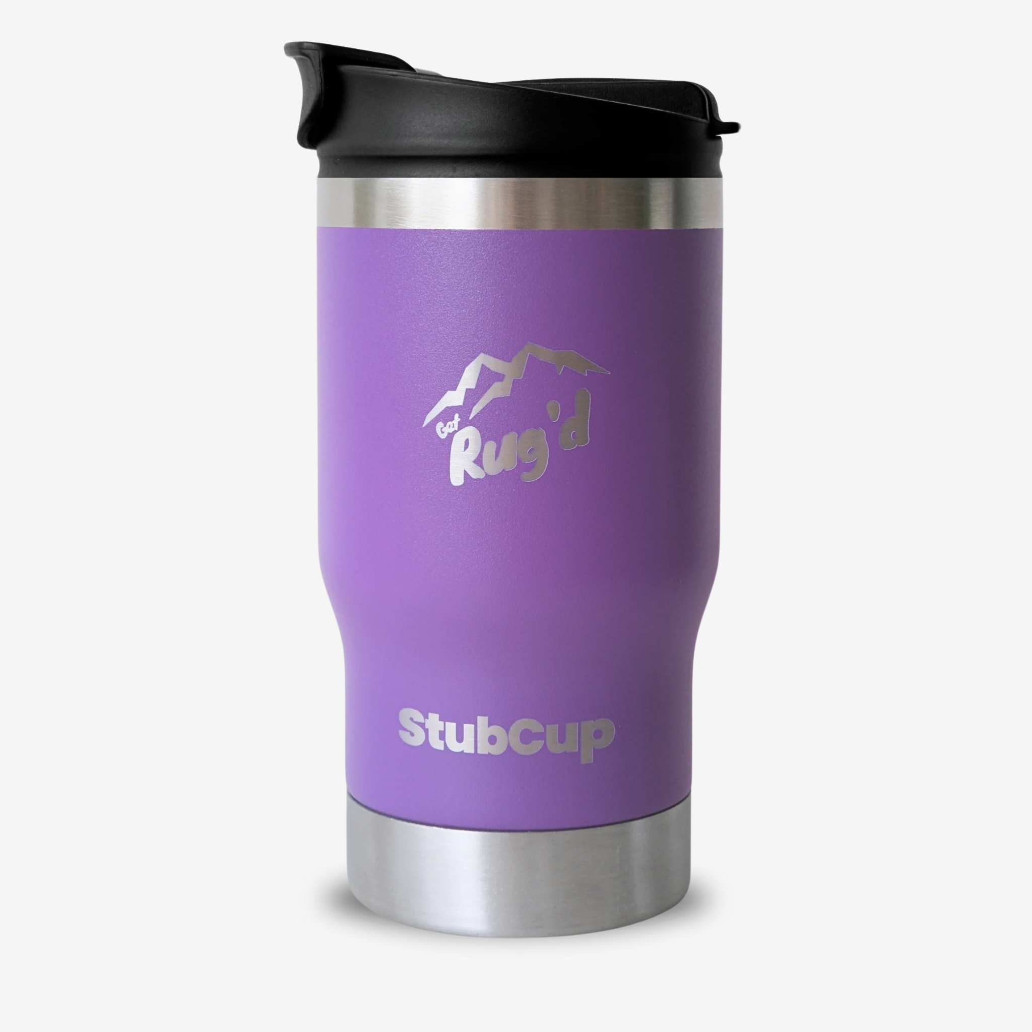 Get Rug'd purple StubCup travel cup with black lid and stainless steel base