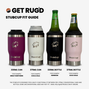 Get Rug'd StubCup Green Stubby Cooler Coffee Cup shown in purple, white, black, and pink with various cans and bottles