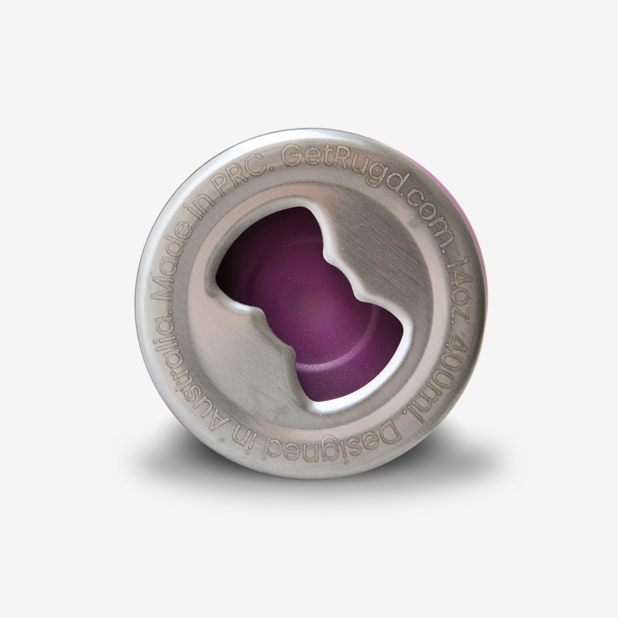 Top view of StubCup Grape tumbler cooler cup with a stainless steel finish and purple interior
