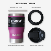StubCup Grape tumbler cooler cup with stainless steel straw, silicone beer lid, and dual coffee lid