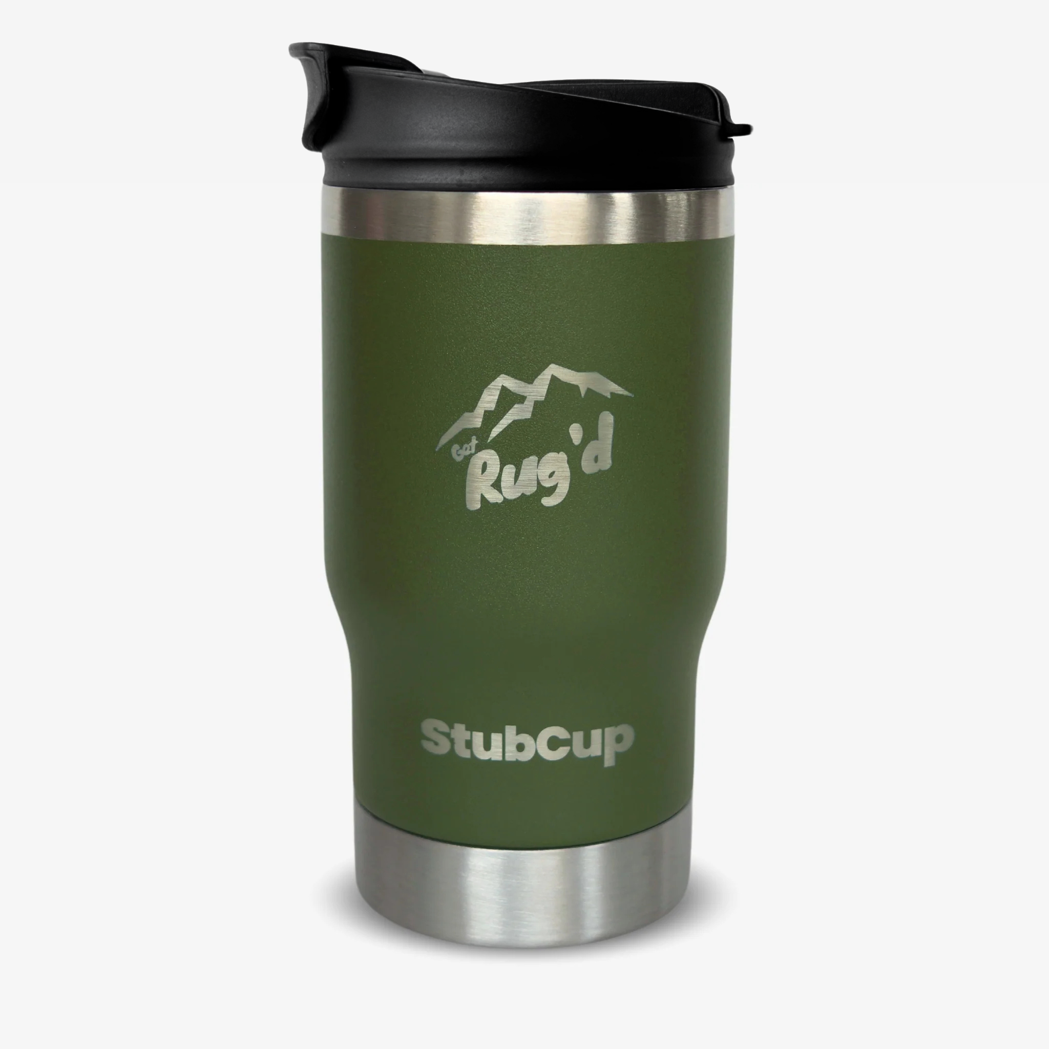 Get Rug'd StubCup Green Stubby Cooler Coffee Cup with stainless steel base and black lid