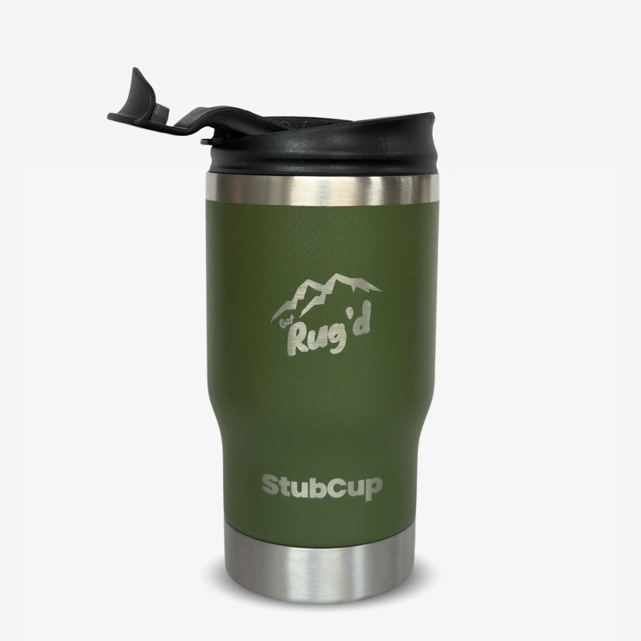 StubCup Green Stubby Cooler Coffee Cup by Get Rug'd with black lid and stainless steel accents