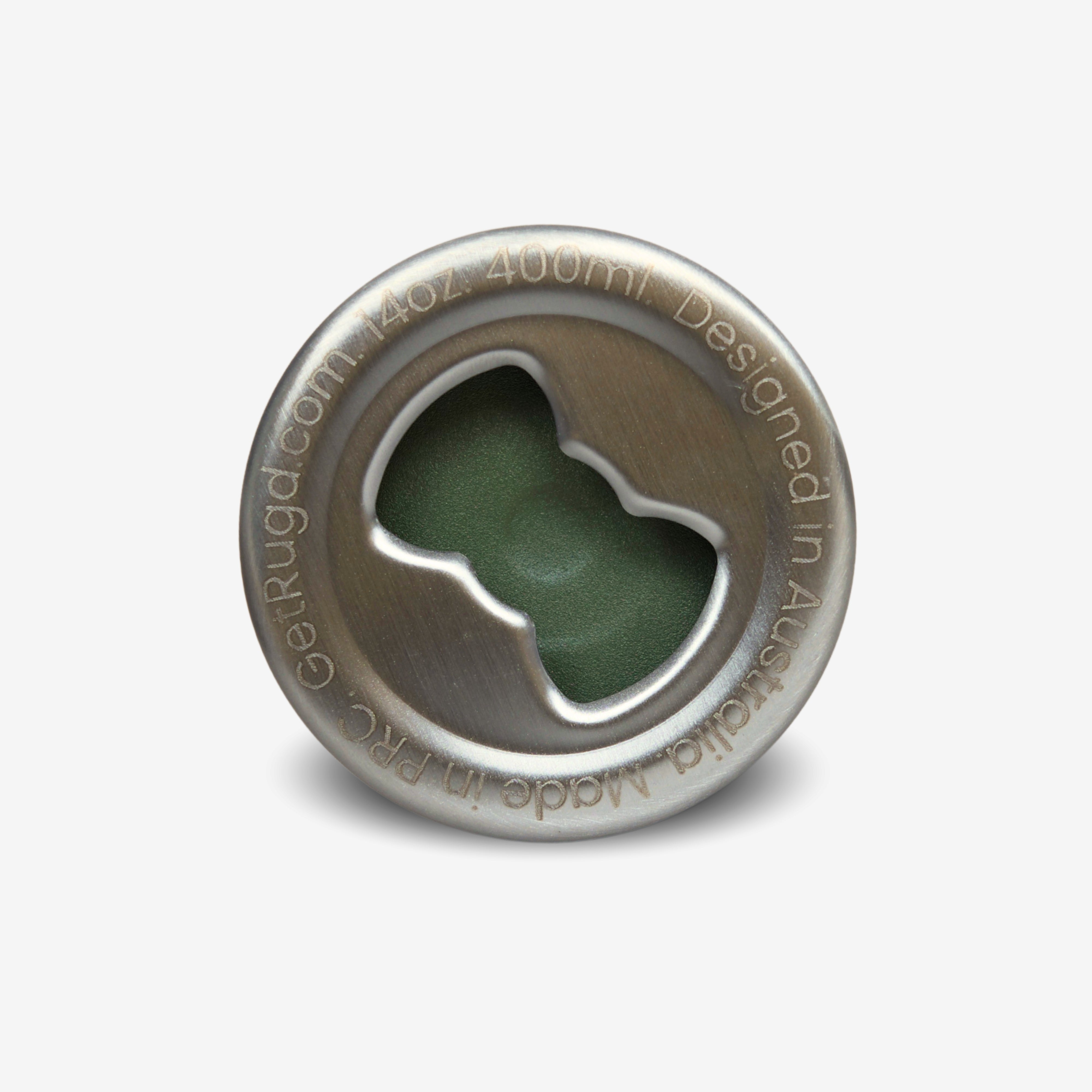 Top view of StubCup Green Stubby Cooler Coffee Cup metal lid with bottle opener by Get Rug'd