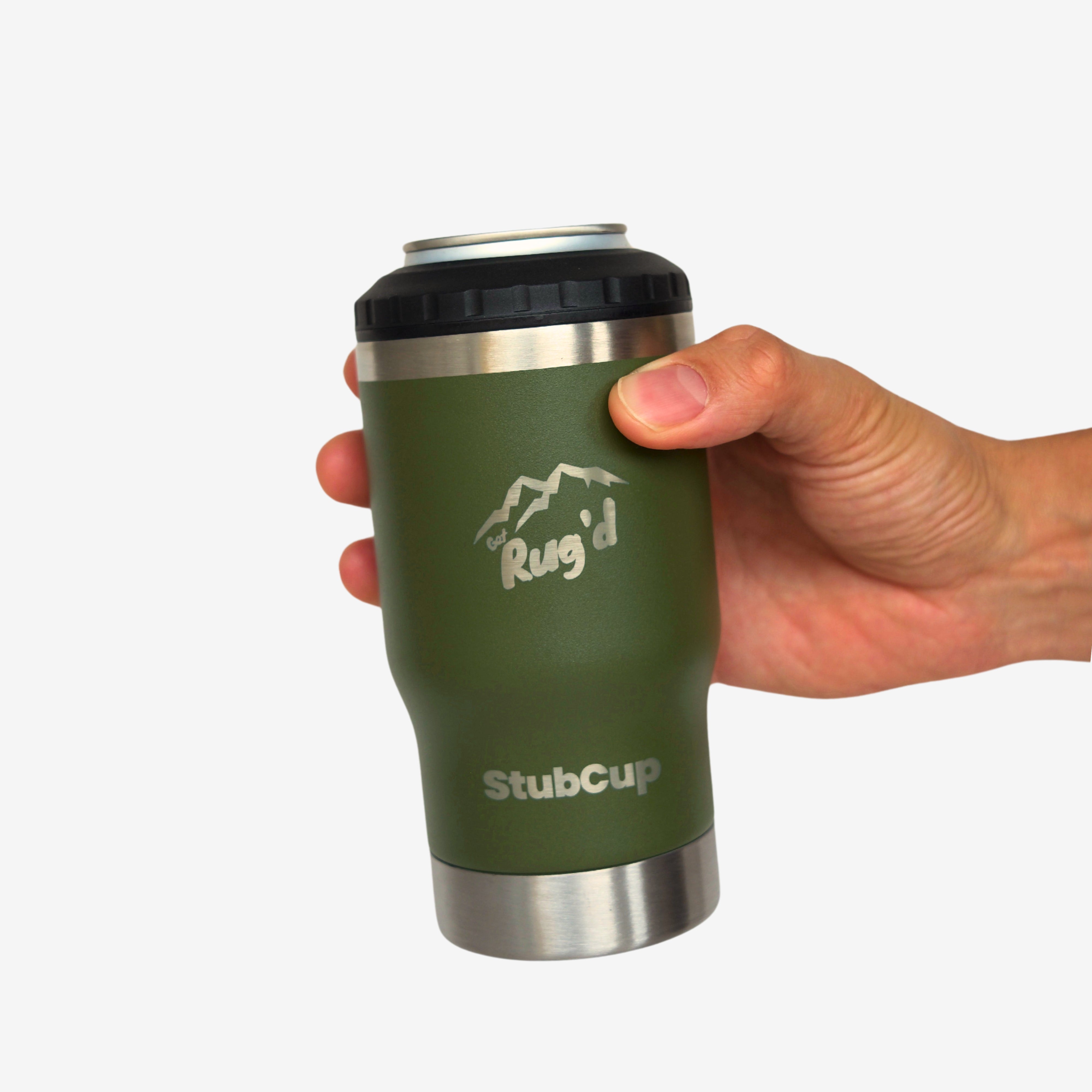 Hand holding StubCup Green Stubby Cooler Coffee Cup by Get Rug'd with mountain logo
