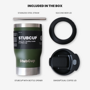 StubCup Green Stubby Cooler Coffee Cup with stainless steel straw silicone beer lid and dual coffee lid
