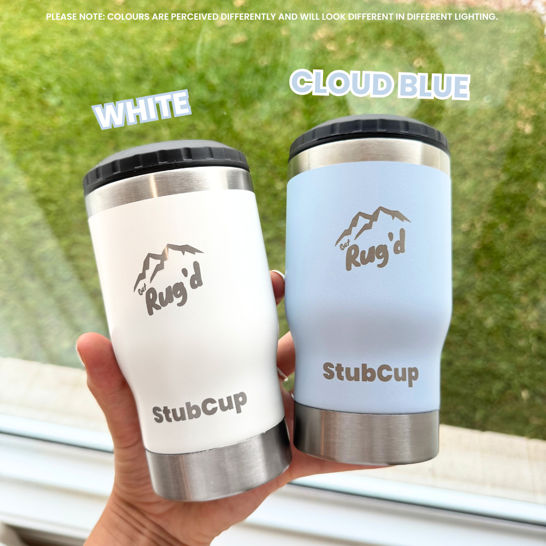 Get Rug'd StubCup insulated tumbler beer coffee in white and cloud blue colors, perfect for drinks on the go