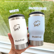 Get Rug'd StubCup insulated tumbler beer coffee in white and cloud blue colors, perfect for drinks on the go