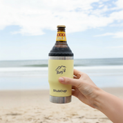 Get Rug'd StubCup Limoncello can cooler drinking beer cup coffee on a beach with a bottle