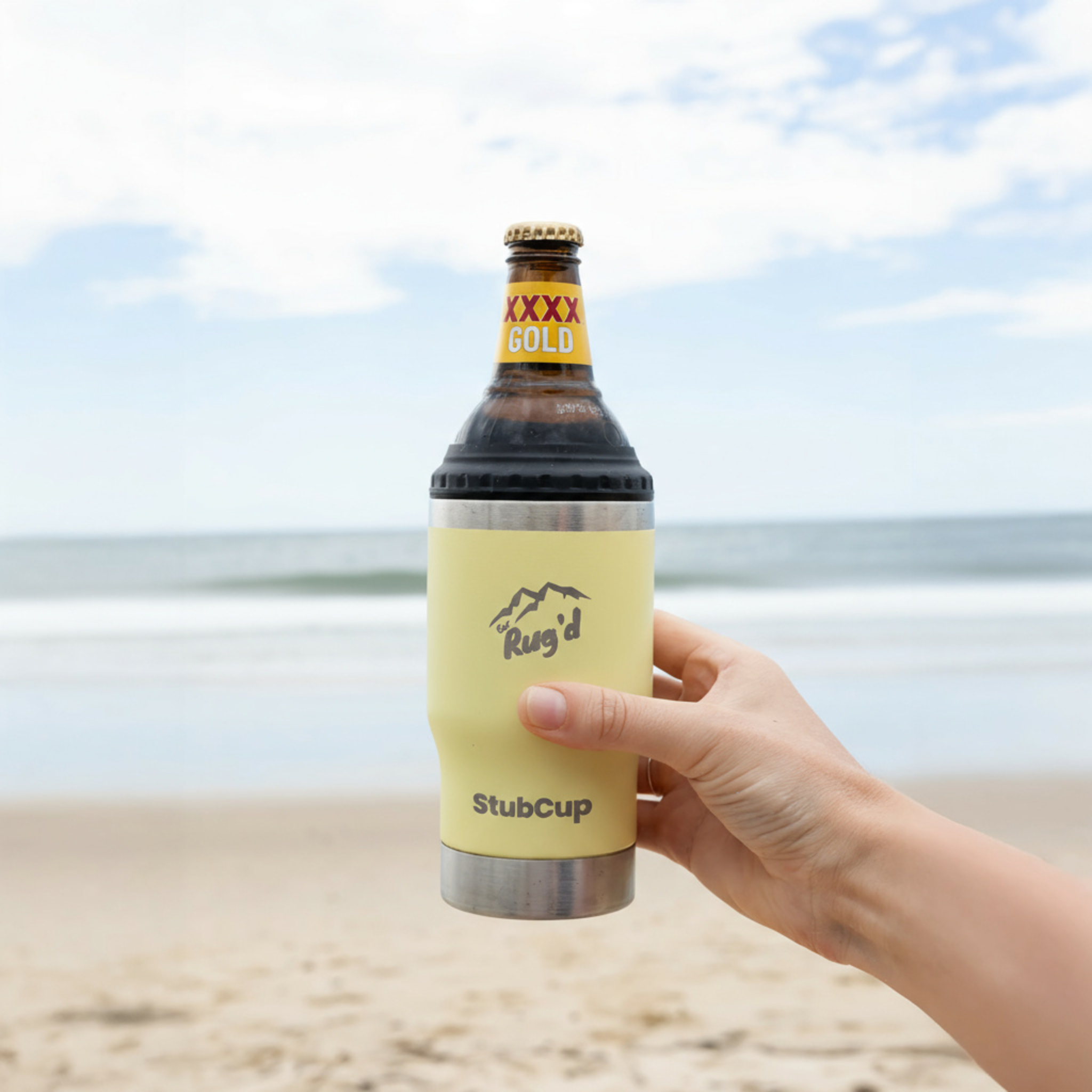 Get Rug'd StubCup Limoncello can cooler drinking beer cup coffee on a beach with a bottle