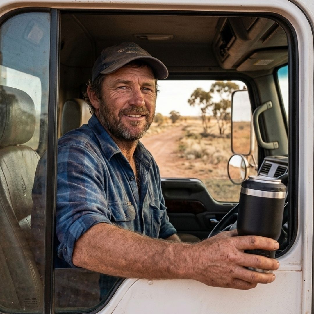 Australian truck driver holding a black RUGD StubCup insulated travel mug in his ute cab on a remote outback dirt road