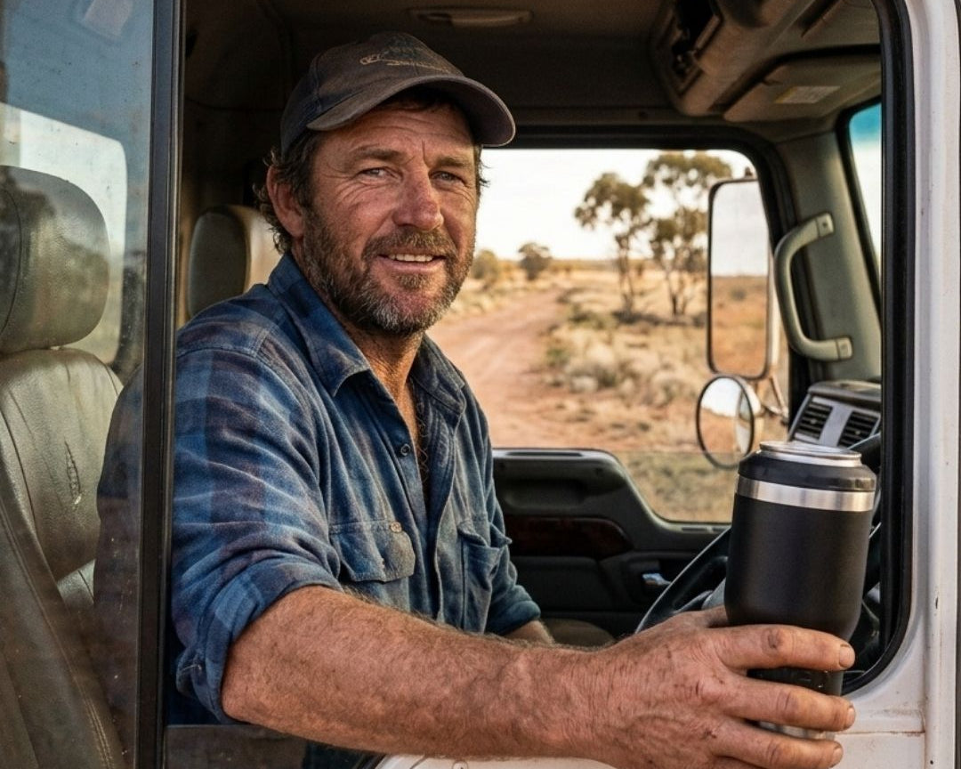 Australian truck driver holding a black RUGD StubCup insulated travel mug in his ute cab on a remote outback dirt road