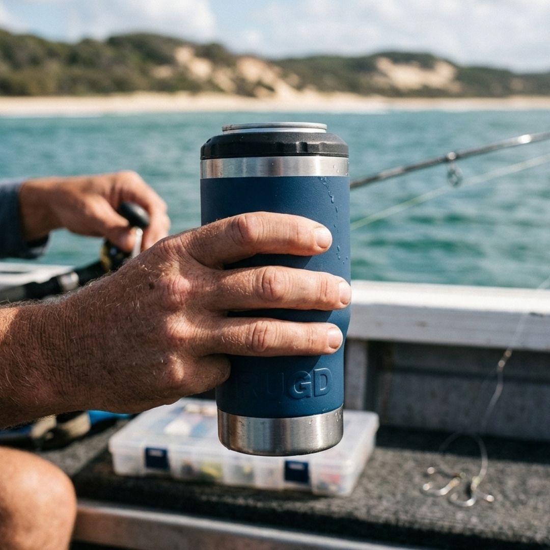 Fisher holding a navy RUGD StubCup insulated stubby cooler with a beer can on a tinnie with fishing rods and tackle box on the water