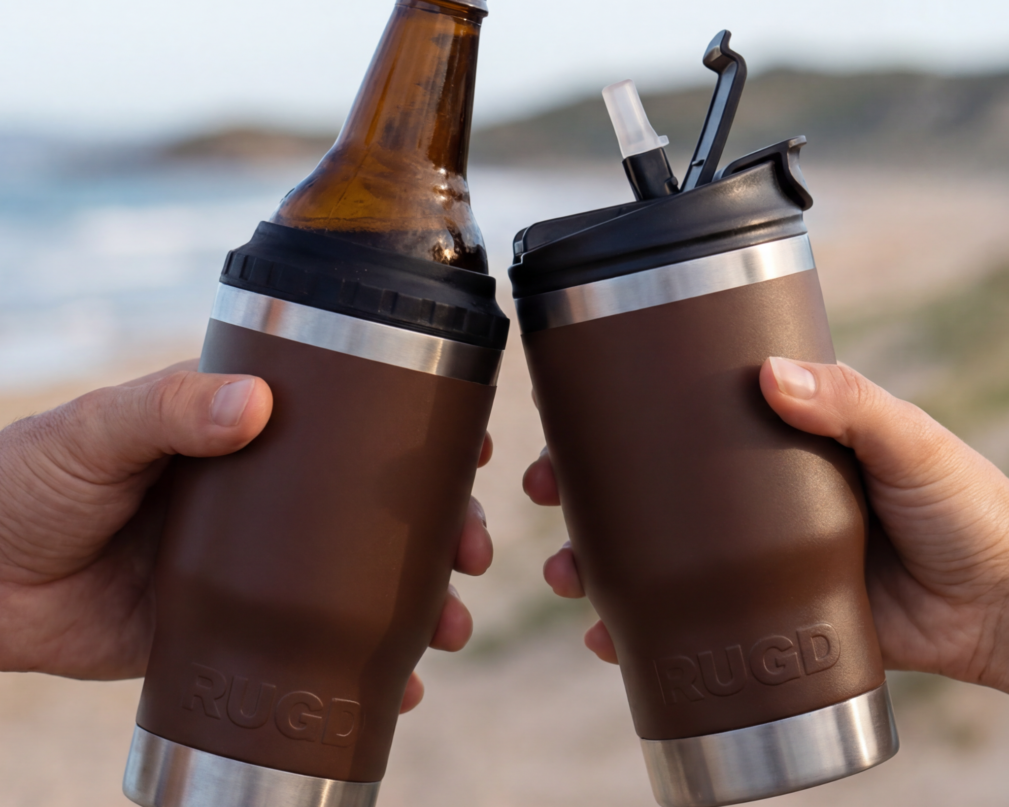 The StubCup - stubby cooler and coffee cup with integrated bottle opener for coffee, beer, cans, water.