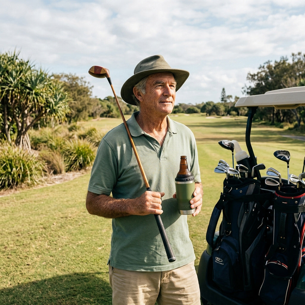 Golfer holding a golf club and olive green RUGD StubCup insulated stubby cooler with a beer bottle on an Australian golf course beside a cart