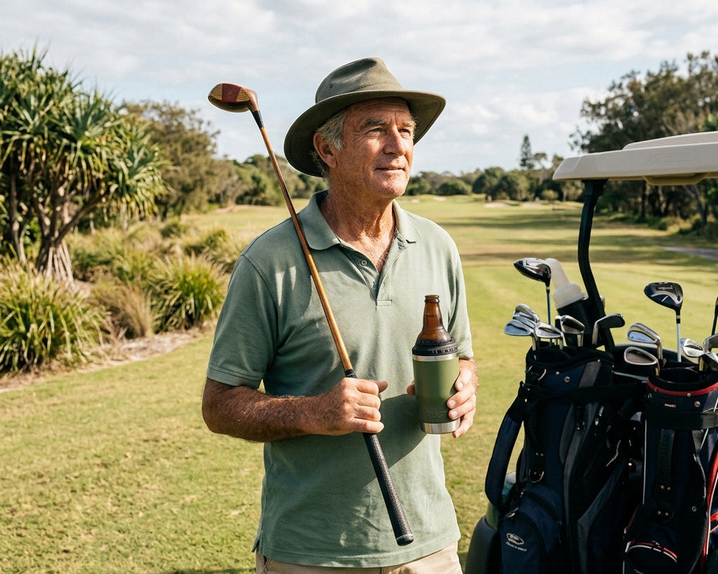 Golfer holding a golf club and olive green RUGD StubCup insulated stubby cooler with a beer bottle on an Australian golf course beside a cart