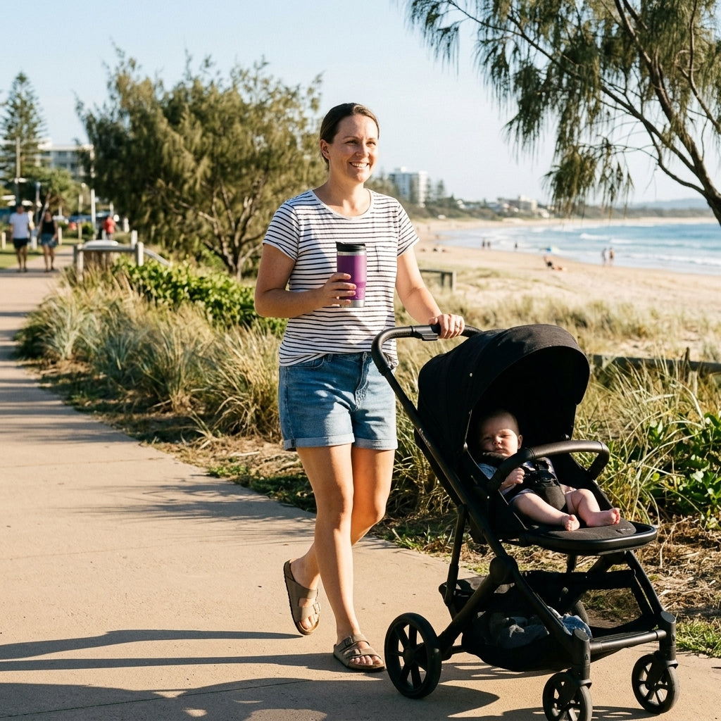 Mum holding a grape coloured RUGD StubCup insulated coffee cup while pushing a pram along a qld beachside path