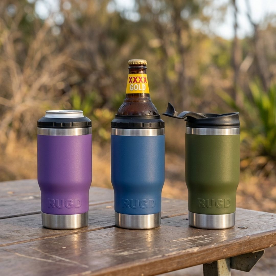 The stubcups in purple blue and green insulated coffee cups with multifunctionality of coffee beers and cans in australia