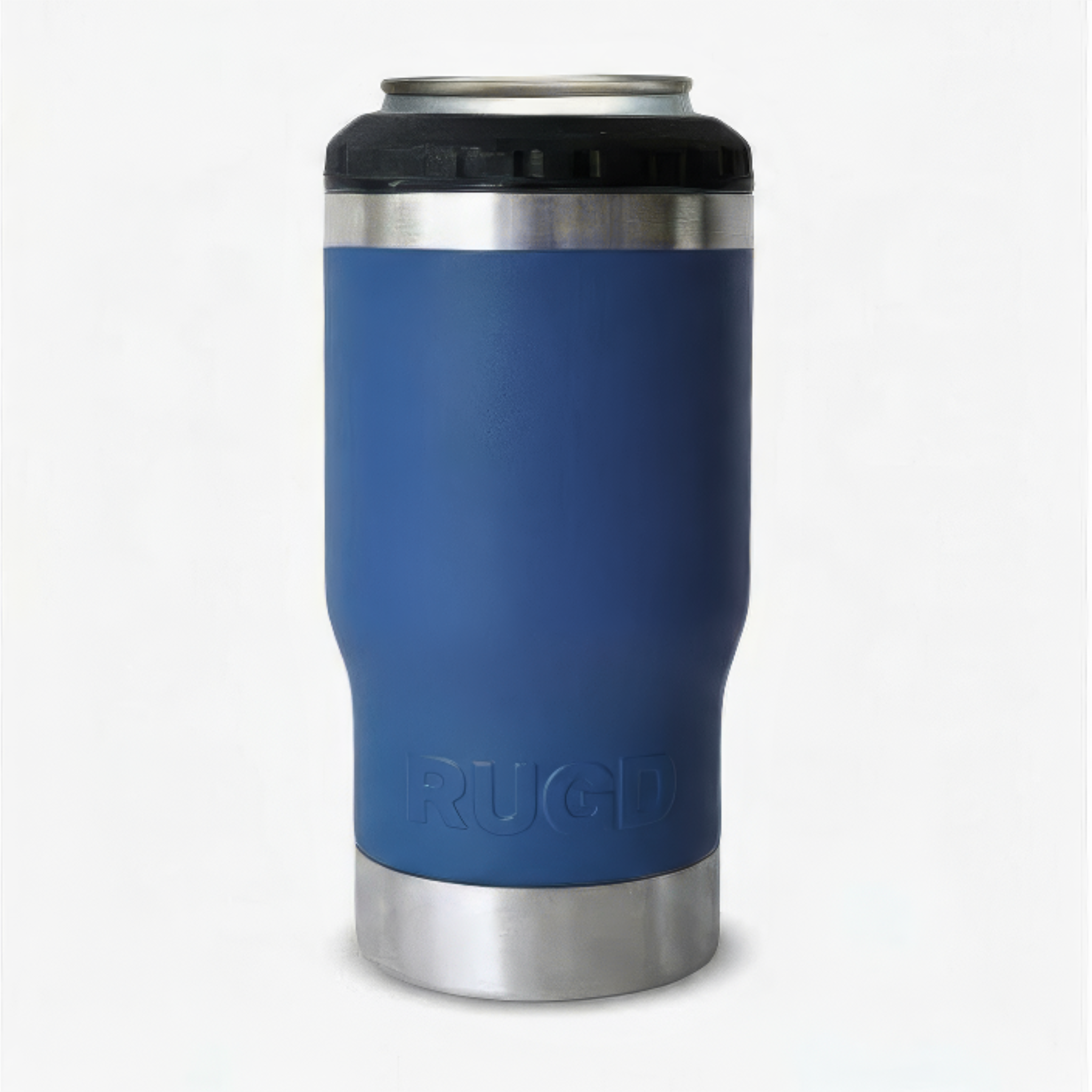 Get Rug'd Best Stubby Cooler Coffee Cup in navy blue with stainless steel base for insulated beverages
