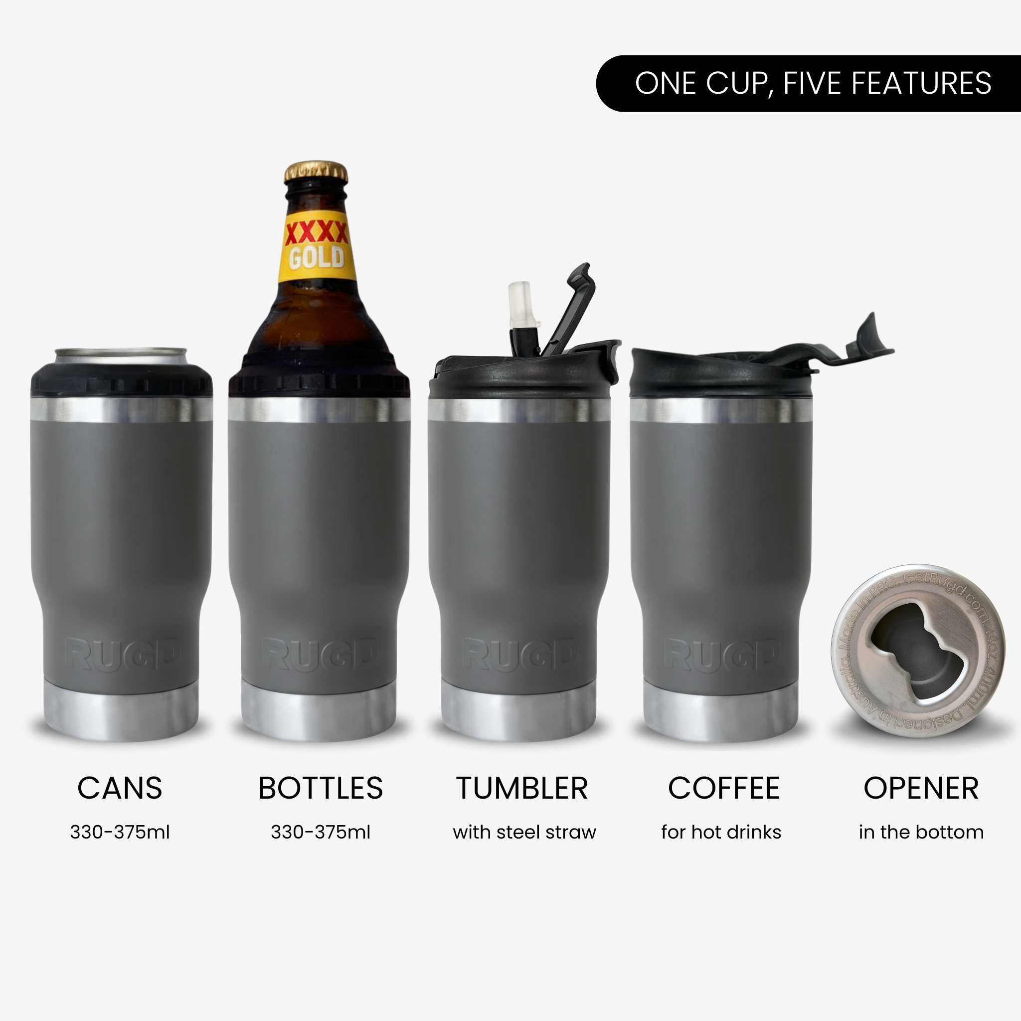 Get Rug'd StubCup Grey stubby cooler coffee cup beer can bottle with versatile features