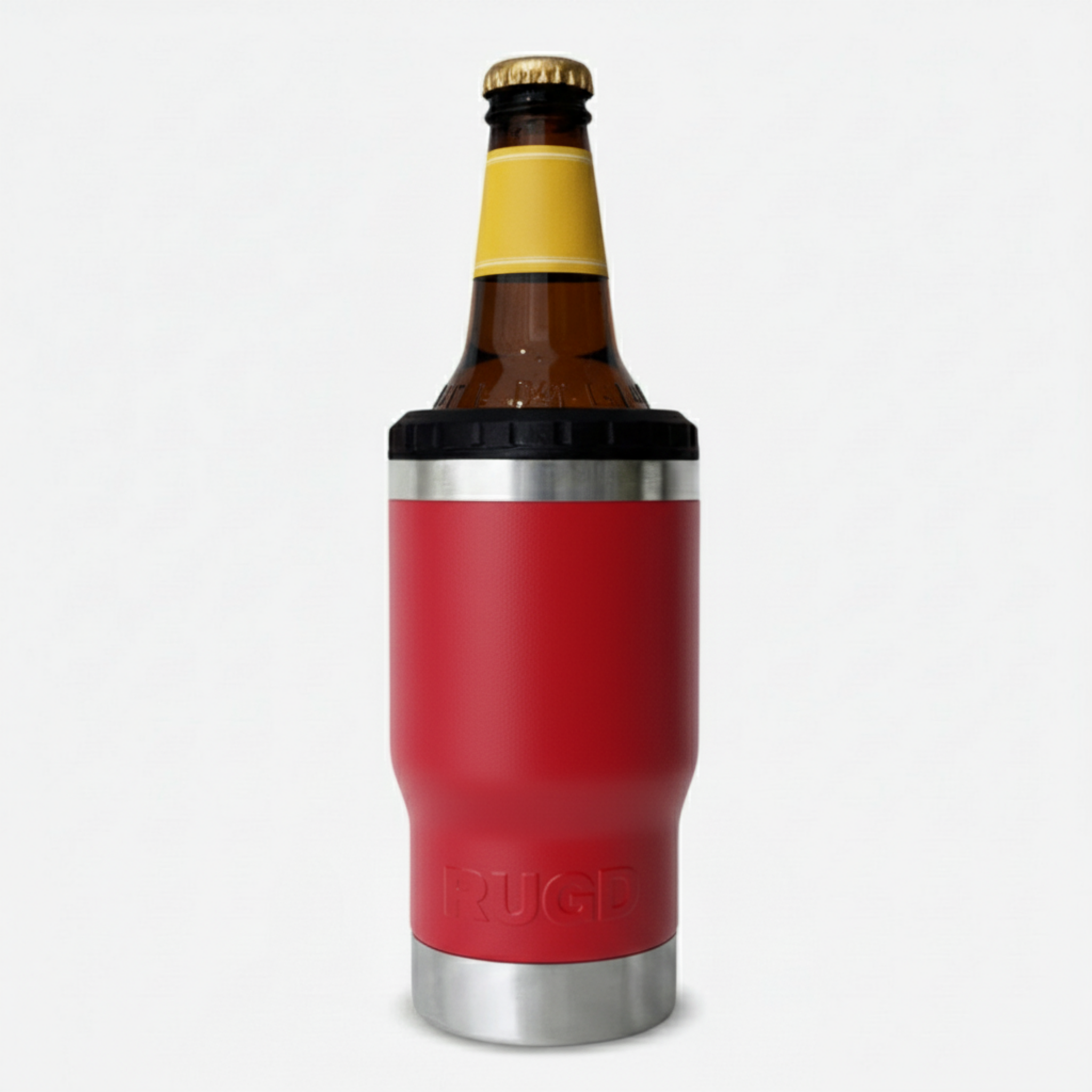 Red and silver insulated bottle holder with a beer bottle on a white background
