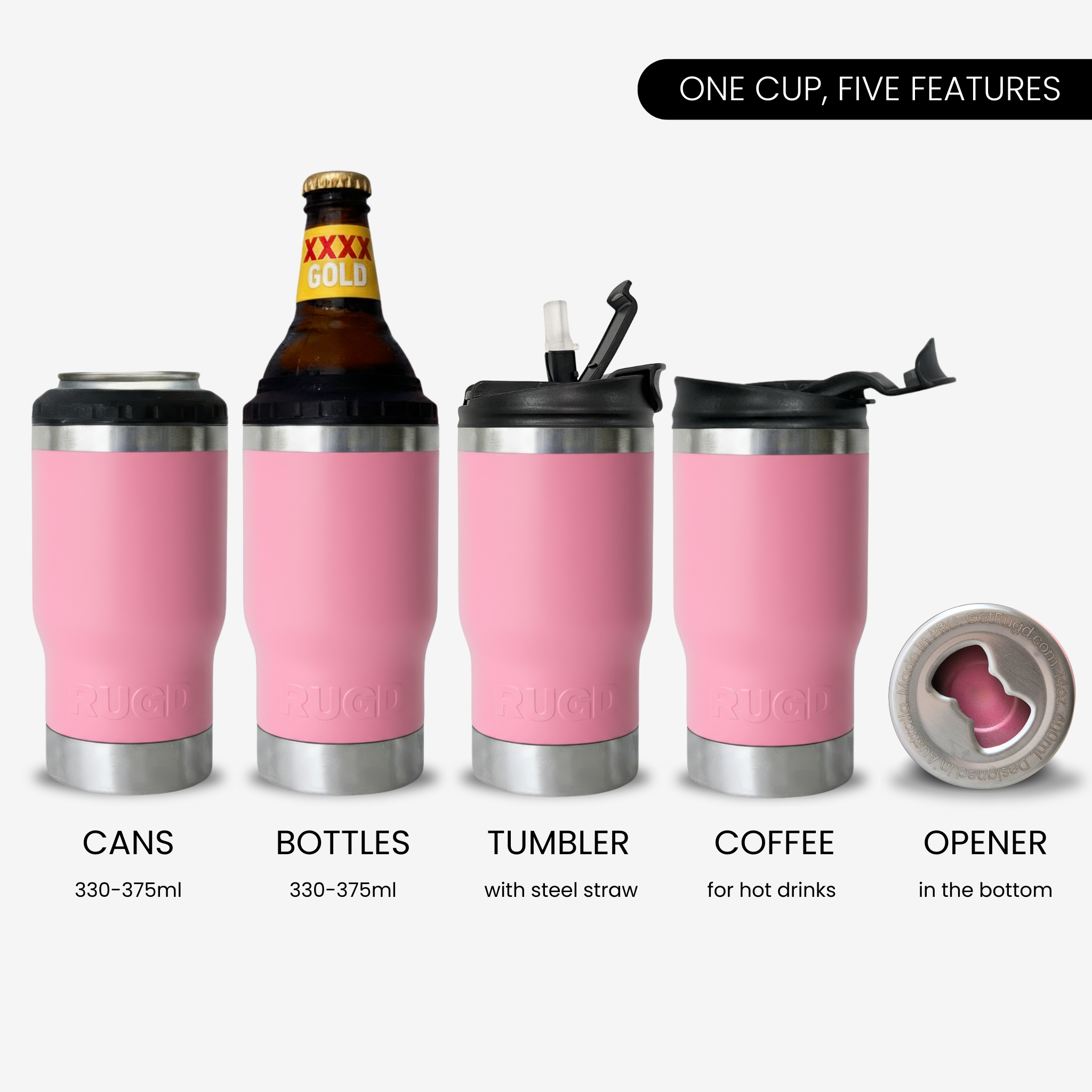 Pink insulated cup with various uses including cans, bottles, tumbler, coffee, and opener on a white background.