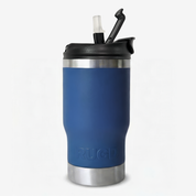 Get Rug'd Best Stubby Cooler Coffee Cup in Navy with a convenient straw lid for easy sipping