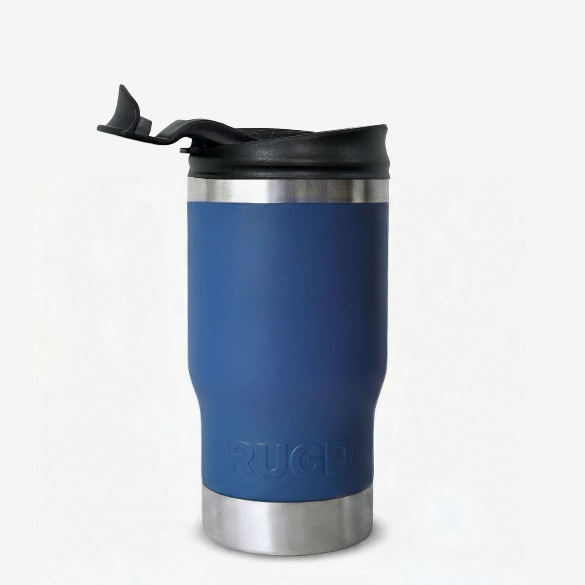 Get Rug'd Best Stubby Cooler Coffee Cup in navy blue with a stainless steel base and lid