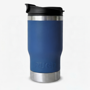 Get Rug'd Best Stubby Cooler Coffee Cup in navy blue with stainless steel base and spill-proof lid